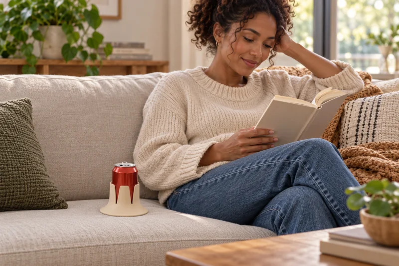 Adult reading on firm flat sofa cushion with opened soda beside hip away from cushion seam. AI lifestyle illustration.