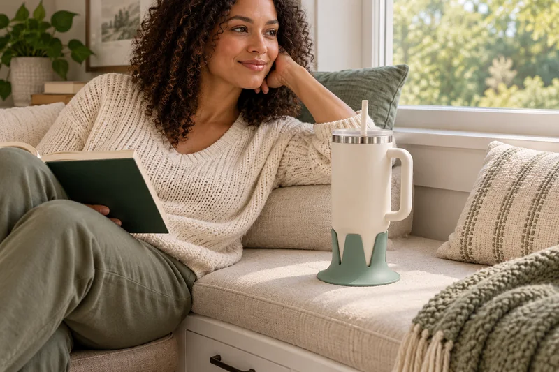 Adult relaxing on broad upholstered window seat with water beside forearm on flat firm supported seat. AI lifestyle illustration.